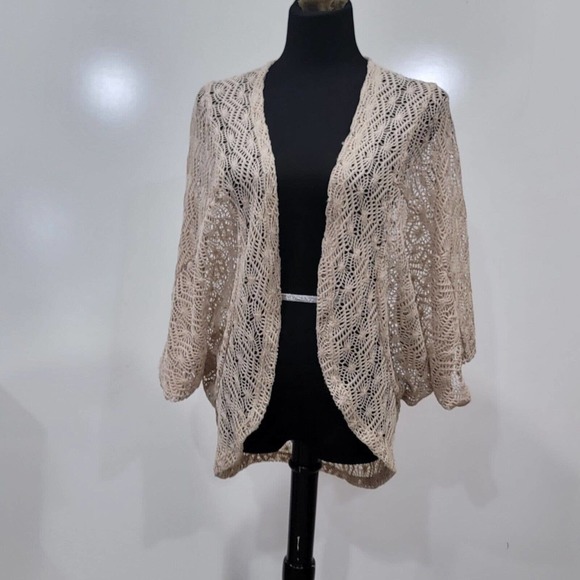 Crochet Cream Open Knit Starburst Cardigan Dolman Sleeves High Low 100% Poly - Picture 1 of 7